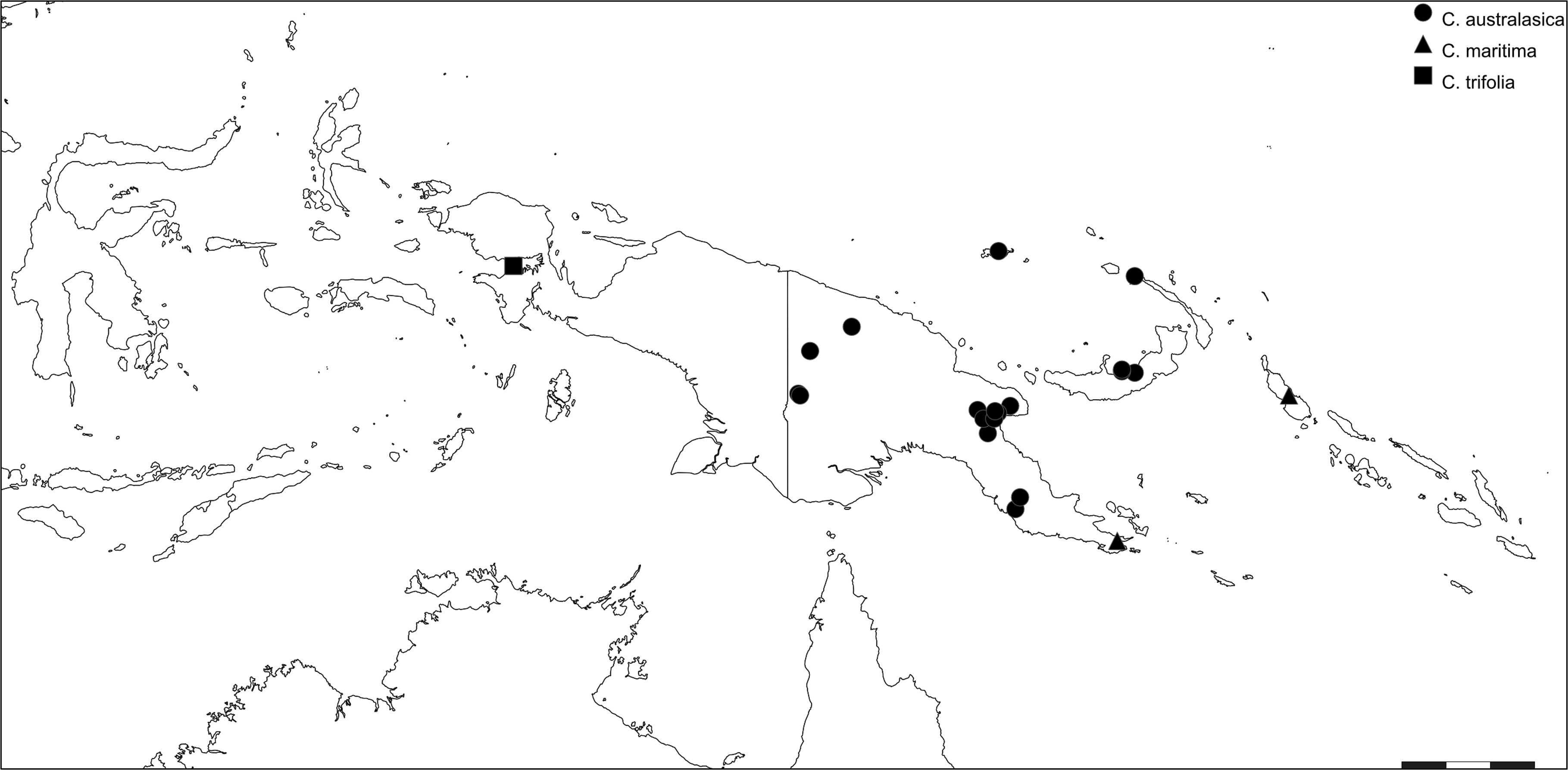 A map showing the distribution of Causonis australasica, Causonis maritima and Causonis trifolia in New Guinea.